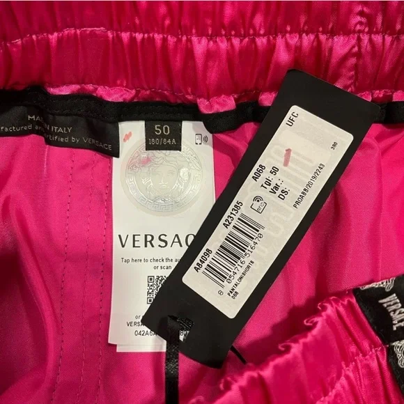 VERSACE Pink and Silver Unisex Boxing Shorts NWT shiny leg slit cute rare logo